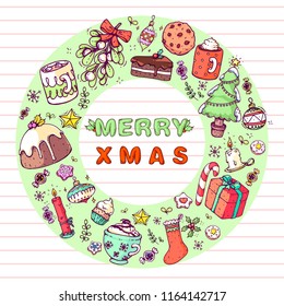 Vector hand drawn doodle christmas celebration collection set, with food, sweets, candles, drinks and christmas tree, with line art and colored in a wreath shape