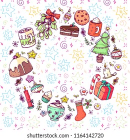Vector hand drawn doodle christmas celebration collection set, with food, sweets, candles, drinks and christmas tree, with line art and colored in a wreath shape