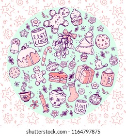 Vector hand drawn doodle christmas celebration collection set, with food, sweets, candles, drinks and christmas tree, with line art and colored in a circle shape
