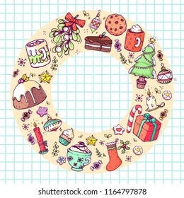 Vector hand drawn doodle christmas celebration collection set, with food, sweets, candles, drinks and christmas tree, with line art and colored in a wreath shape