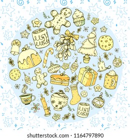 Vector hand drawn doodle christmas celebration collection set, with food, sweets, candles, drinks and christmas tree, with line art and colored in a circle shape