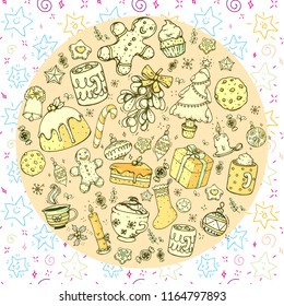 Vector hand drawn doodle christmas celebration collection set, with food, sweets, candles, drinks and christmas tree, with line art and colored in a circle shape