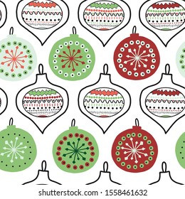 Vector hand drawn doodle Christmas tree ornaments seamless pattern. Repeating background illustration New Year and Christmas tree decoration black white green red. Use for fabric, gift wrap, packaging