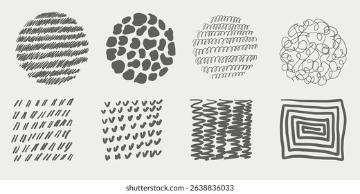 Vector hand drawn doodle circles and round scribble shapes. Isolated on white background. Contemporary abstract line sketch. Black pen bubbles. Modern trendy circular graphic element set.
