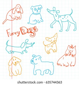 Vector hand drawn doodle collection of cute funny dogs. Different breeds, basset, Dalmatian, dachshund, pug, bulldog, spaniel. Naive minimalistic style.
