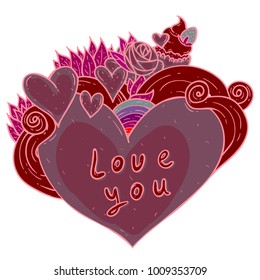 Vector hand drawn doodle composition of a retro style heart with rainbow and cupcake and a rose in inverted colors