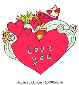 Vector hand drawn doodle composition of a retro style heart with rainbow, rose and cupcake with an arrow