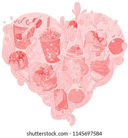 A vector hand drawn doodle composition in shape of a heart with cold drinks and ice-cream, in juice splashes. Summer theme beverages, pink monochrome art for advertising, banners, leaflets and menu