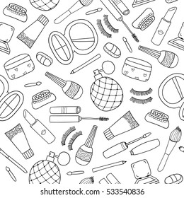 Vector hand drawn doodle cosmetics seamless pattern , background. Outline style