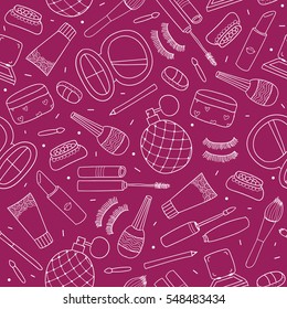 Vector hand drawn doodle cosmetics seamless pattern , background. Outline style.