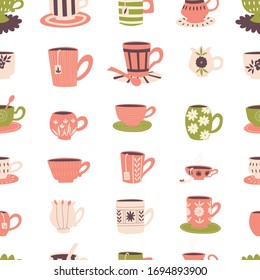 Vector hand drawn doodle cups. Seamless vector background. 