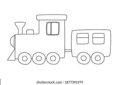 Vector hand drawn doodle cute train steam locomotive isolated on white background. Best for coloring book for children education. Black monochrome design for print cards, poster, invitation, toys kids