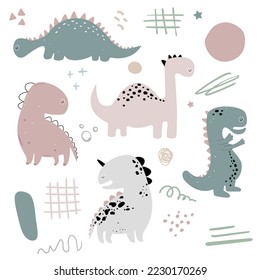 Vector hand drawn doodle dinosaur set. Modern clipart set with dots, spots, doodles and dino. In pastel colors.