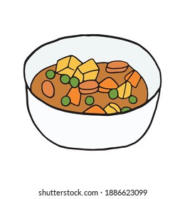 Vector hand drawn doodle eintopf. German cuisine dish. Design sketch element for menu cafe, restaurant, label and packaging. Colorful illustration on a white background.