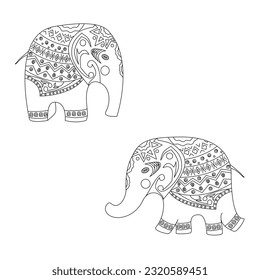 Vector hand drawn doodle  elephants  with ethnic ornaments on white background. Funny background for print on fabric, textile, greeting cards, colouring