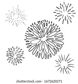 Vector Hand Drawn Doodle Fireworks, Celebration Background Isolated on White Background.