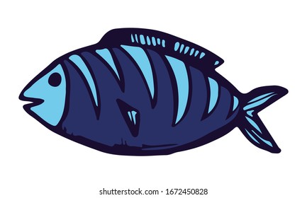Vector hand drawn doodle fish icon. Logo design template. Cute hand drawn childish linear illustration for print, web