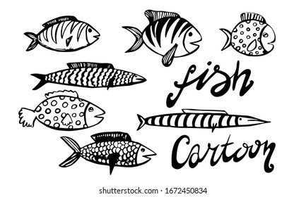 Vector hand drawn doodle fish icon. Logo design template. Cute hand drawn childish linear illustration for print, web