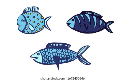 Vector hand drawn doodle fish icon. Logo design template. Cute hand drawn childish linear illustration for print, web