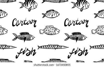 Vektorillustration handgezeichnet doodle Fisch Symbol. Logo-Design-Vorlage. Cute handgezeichnet kinematische Lineargrafik für Druck, Web