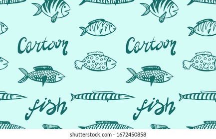 Vector hand drawn doodle fish icon. Logo design template. Cute hand drawn childish linear illustration for print, web