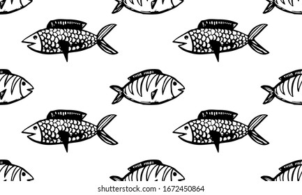 Icono del pez doodle dibujado a mano por vectores. Plantilla de diseño del logotipo. Ilustración lineal infantil dibujada a mano para impresión, web
