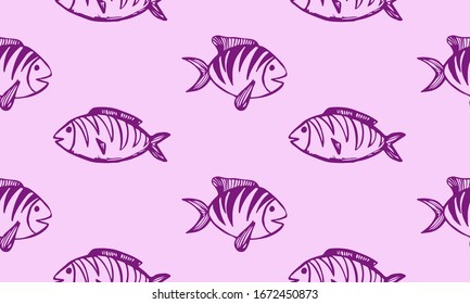 Vector hand drawn doodle fish icon. Logo design template. Cute hand drawn childish linear illustration for print, web