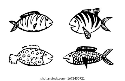Vektorillustration handgezeichnet doodle Fisch Symbol. Logo-Design-Vorlage. Cute handgezeichnet kinematische Lineargrafik für Druck, Web