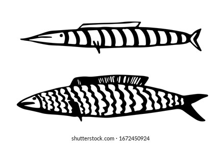Vector hand drawn doodle fish icon. Logo design template. Cute hand drawn childish linear illustration for print, web