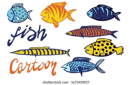 Vector hand drawn doodle fish icon. Logo design template. Cute hand drawn childish linear illustration for print, web
