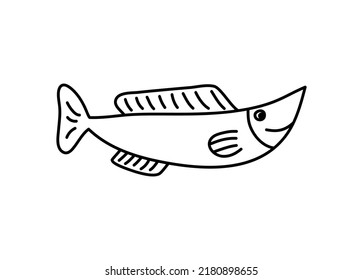 Vector hand drawn doodle fish in monoline scandinavian style. Image for label, web icon, postcard decoration. Cheerful childish, cute marine theme.