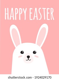Vector hand drawn doodle flat white bunny rabbit face and happy Easter lettering isolated on pink background