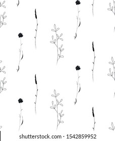 Vector Hand Drawn Doodle Floral Seamless Pattern with Wildflowers, Plants, Branches, Laurels. Design Elements Illustration. Branding. Swatch