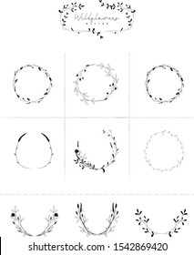 Vector Hand Drawn Doodle Floral Frames and Wreaths Collection, with Plants, Branches, Laurels, Flowers, Wildflowers. Design Elements Illustration. Logo Branding