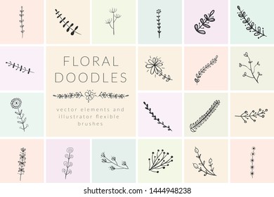 Vector Hand Drawn Doodle Florals, Plants, Branches, Laurels, Flowers. Design Elements Illustration Collection, Flexible Art Brushes