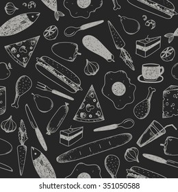 Vector hand drawn doodle food seamless patterns. Chalkboard, white on black background.