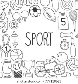Vector hand drawn doodle frame with sport elements.