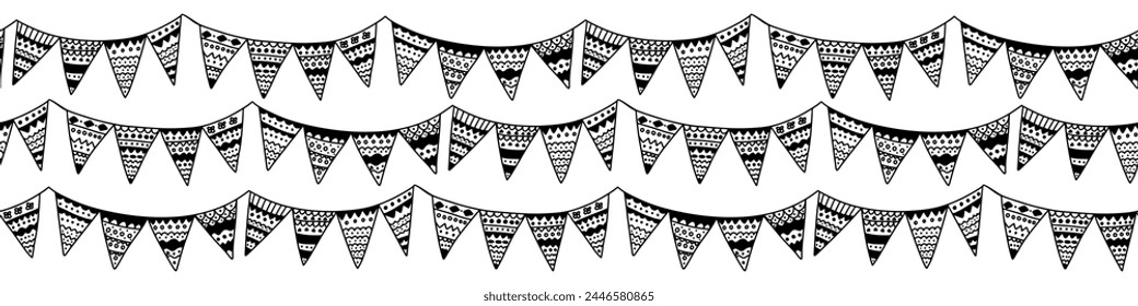 Vector dibujado a mano garabato guirnalda sin patrón. Guirnalda colgante en blanco y negro con adornos patrón sin fisuras