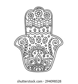 Vector hand drawn doodle hamsa with ornament. Isolated.