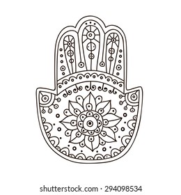 Vector hand drawn doodle hamsa with ornament. Isolated.