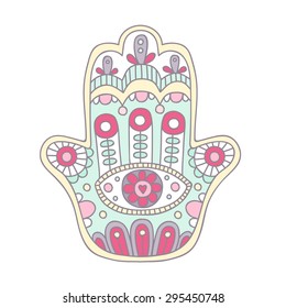 Vector hand drawn doodle hamsa with ornament. Light yellow, green, blue, pink colors.