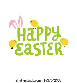 Vector hand drawn doodle Happy Easter illustration. Colorful design background with holiday objects and symbols: eggs, flowers, bunny ears and more. Design for poster, card, tshirt print, invitation