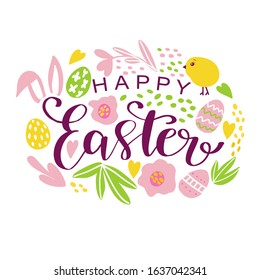 Vector hand drawn doodle Happy Easter illustration. Colorful design background with holiday objects and symbols: eggs, flowers, bunny ears and more. Design for poster, card, tshirt print, invitation
