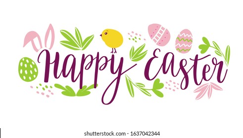 Vector hand drawn doodle Happy Easter illustration. Colorful design background with holiday objects and symbols: eggs, flowers, bunny ears and more. Design for poster, card, tshirt print, invitation