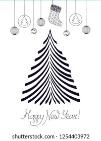 Vector hand drawn doodle for holiday design, postcard, greeting card, invitation, banner, sticker. Modern calligraphic happy New Year congratulation. Line art black and white isolated illustration