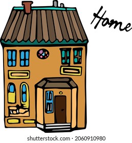 Hogar de doodle dibujado a mano por vectores, hogar acogedor, edificio, cabaña, grabado vectorial, casa de doodle de color