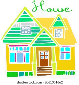 Hogar de doodle dibujado a mano por vectores, hogar acogedor, edificio, cabaña, grabado vectorial, casa de doodle de color