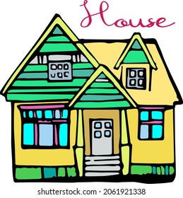 Vektor handgezeichnetes Doodle House, gemütliches Haus, Gebäude, Hütte, Vektorschrift, farbiges Doodhouse