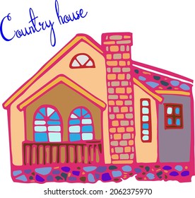 Hogar de doodle dibujado a mano por vectores, hogar acogedor, edificio, cabaña, grabado vectorial, casa de doodle de colores, casa de colores rosados, cabaña de invierno