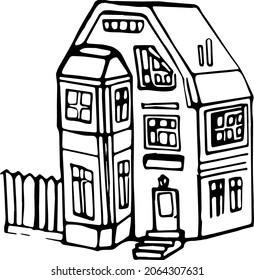 Vector hand drawn doodle house, cozy home, building, cottage, vector lettering, colored doodle house